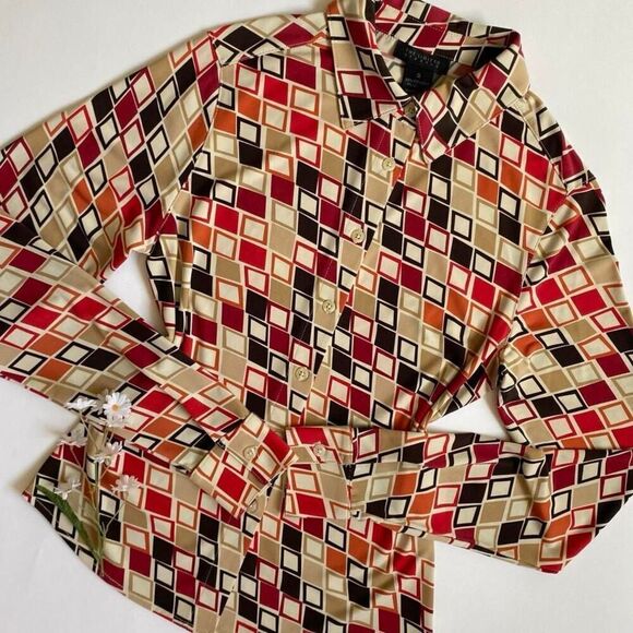 Y2K retro square print blouse - Picture 1 of 7